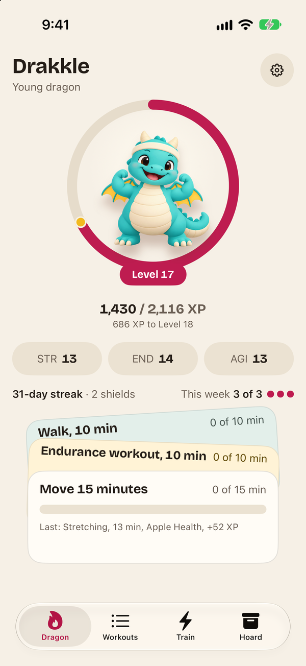 The Dragon tab in Drakkle: level ring, XP, stats and daily quests
